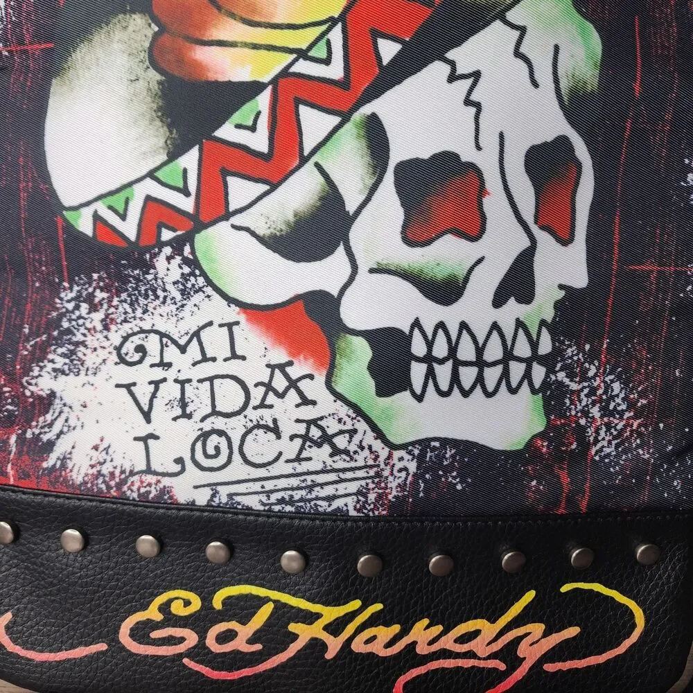 ​Ed Hardy Mi Vida Loca Backpack Studded Skull Tattoo Graphic Black Bag NWT Y2K